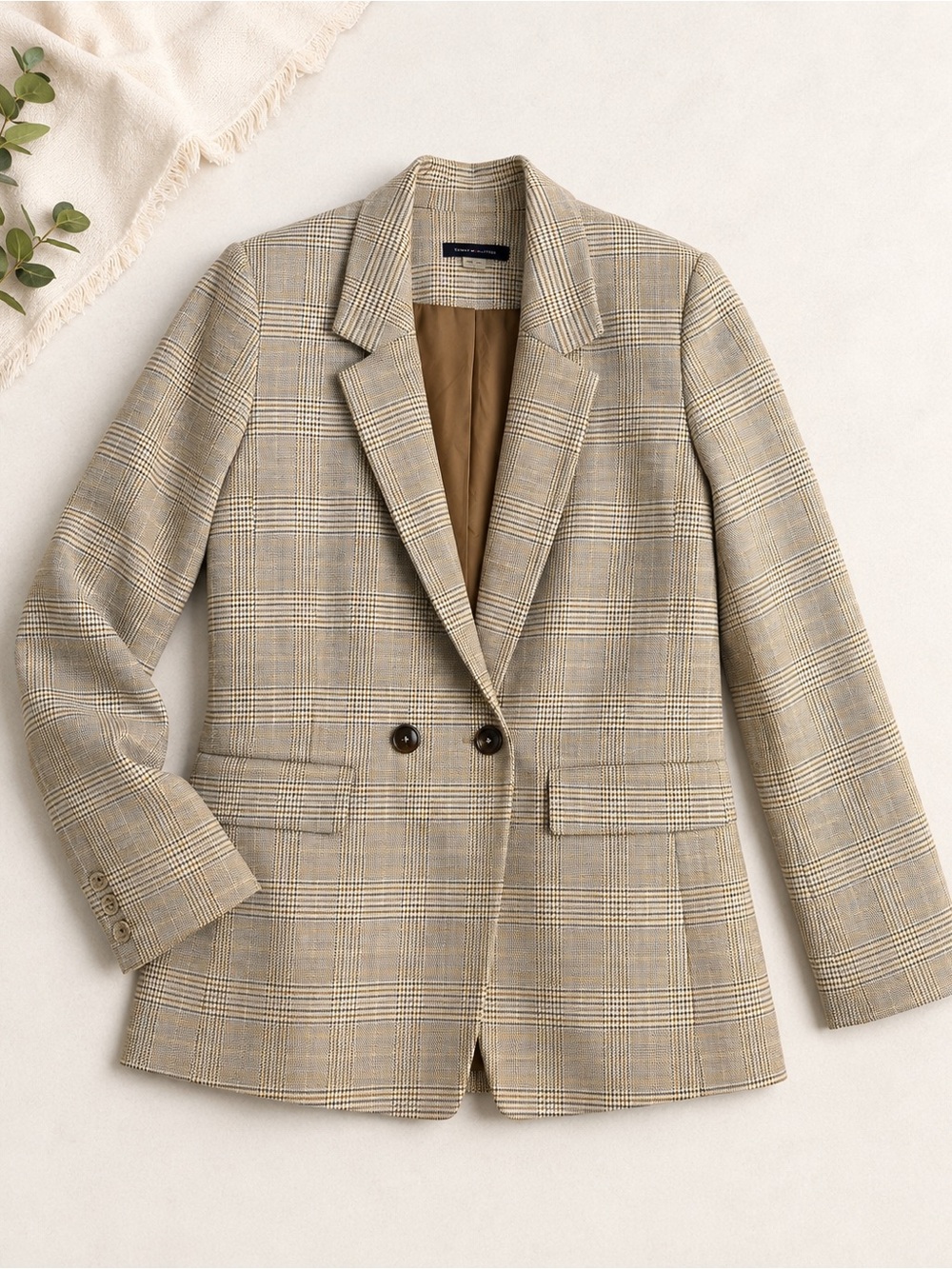 Tommy Hilfiger Plaid Double-Breasted Blazer in Beige and Tan